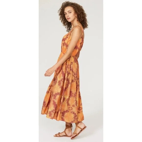 Ulla Johnson Valentina Dress Orange Tie Dye Sunburst Midi Cotton V-Neck Womens 4 - Picture 3 of 3
